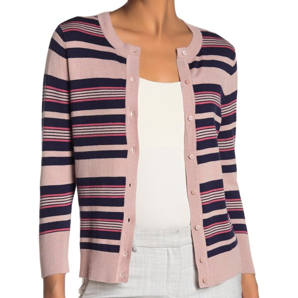 Halogen Striped Crew Neck Cardigan - Picture 1 of 6